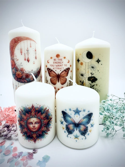 🌙✨ Celestial Dreams Decorative Candle Set – Set of 5 Mixed Sizes ✨🌙