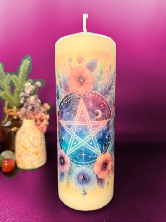 🌸🔮 Celestial Bloom Pentagram Candle – 19cm 🔮🌸