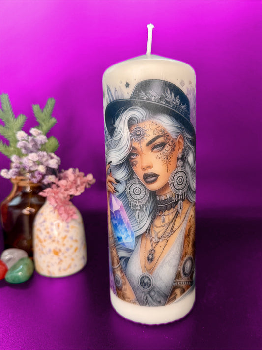 🕯️🖤 Crystal Veil Witch Candle – 19cm 🖤🕯️